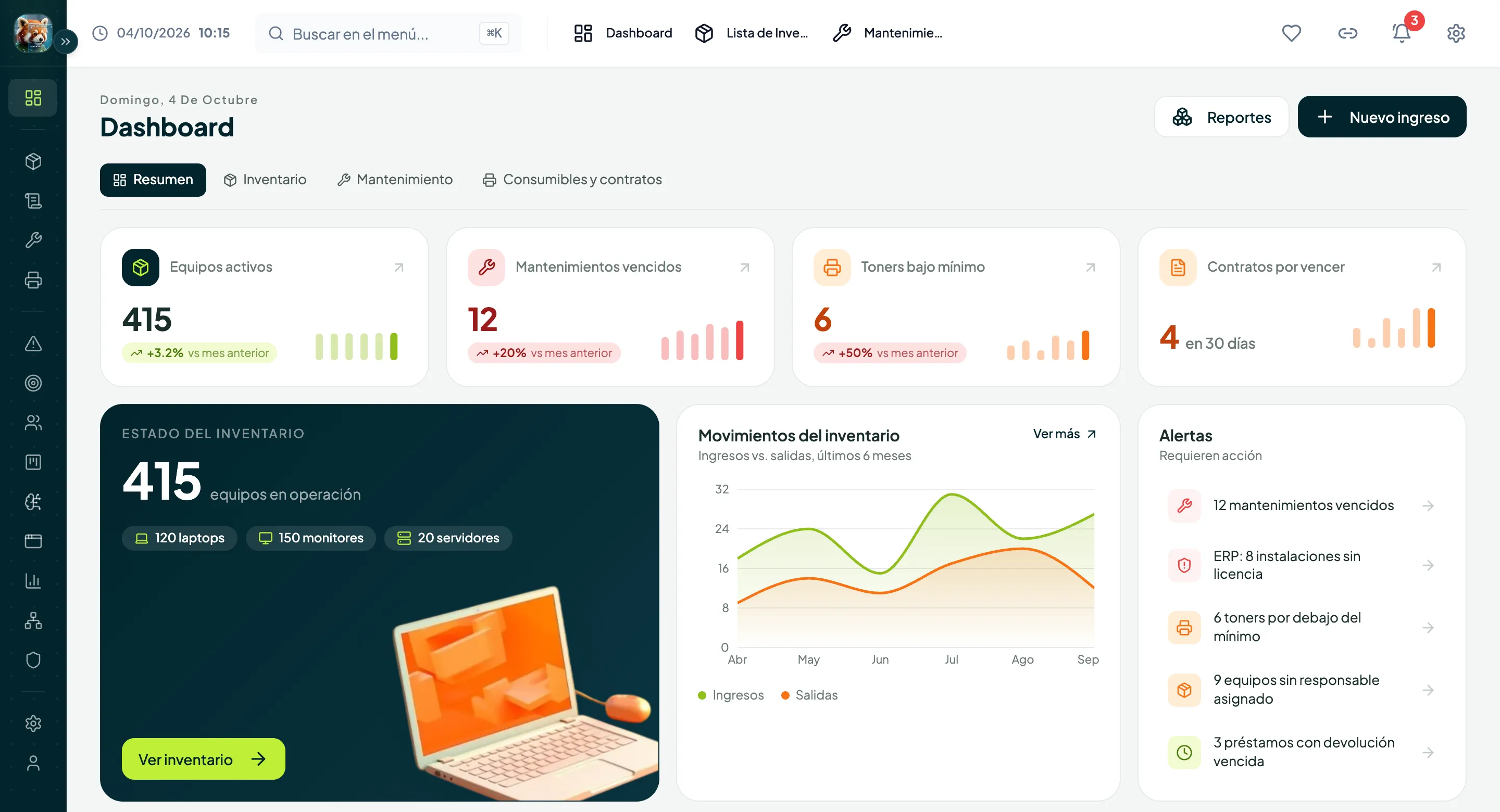 Dashboard de Kron Invent con equipos activos, mantenimientos vencidos, movimientos del inventario y alertas