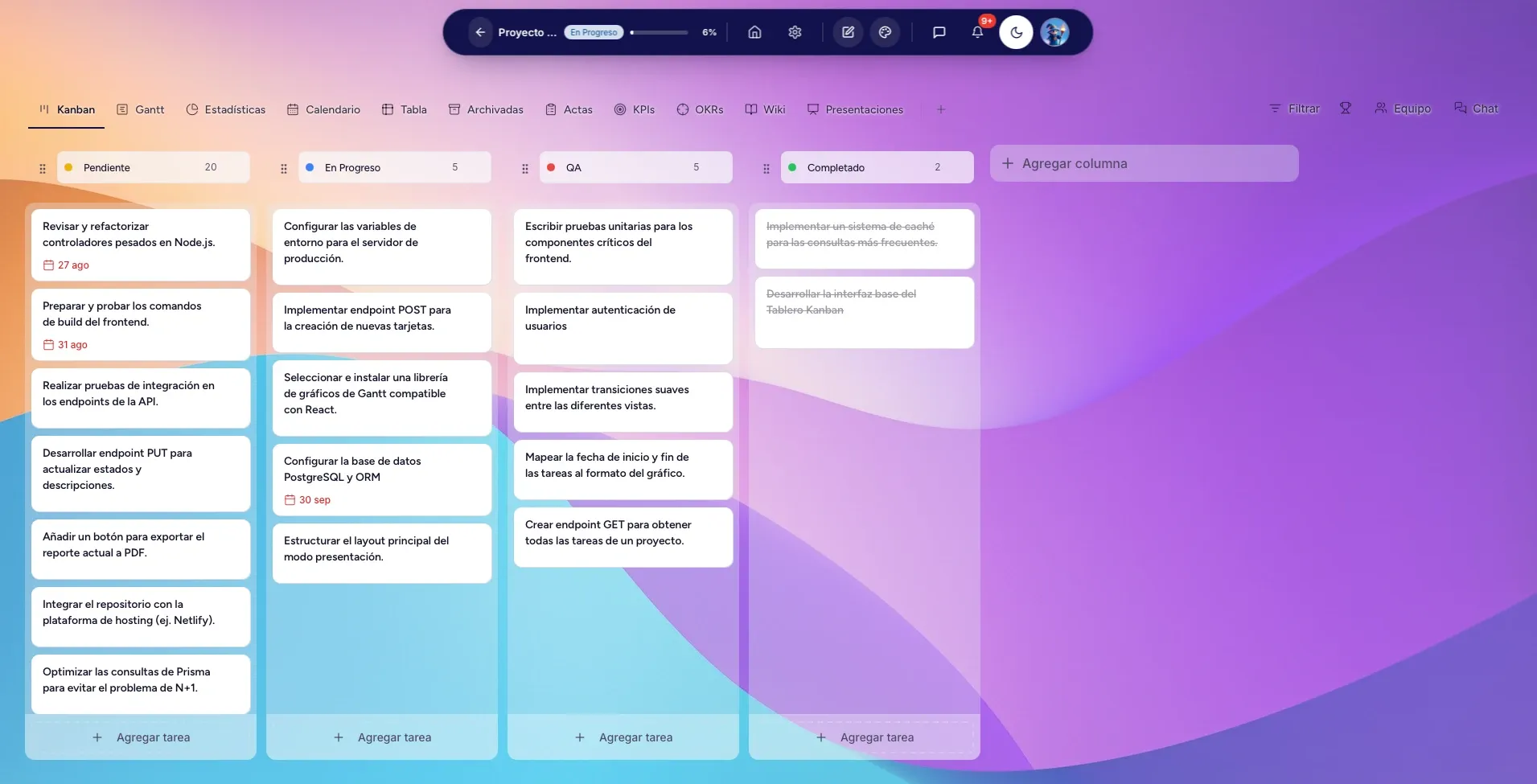 Tablero Kanban de Smart Planner con tareas pendientes, en progreso, en QA y completadas