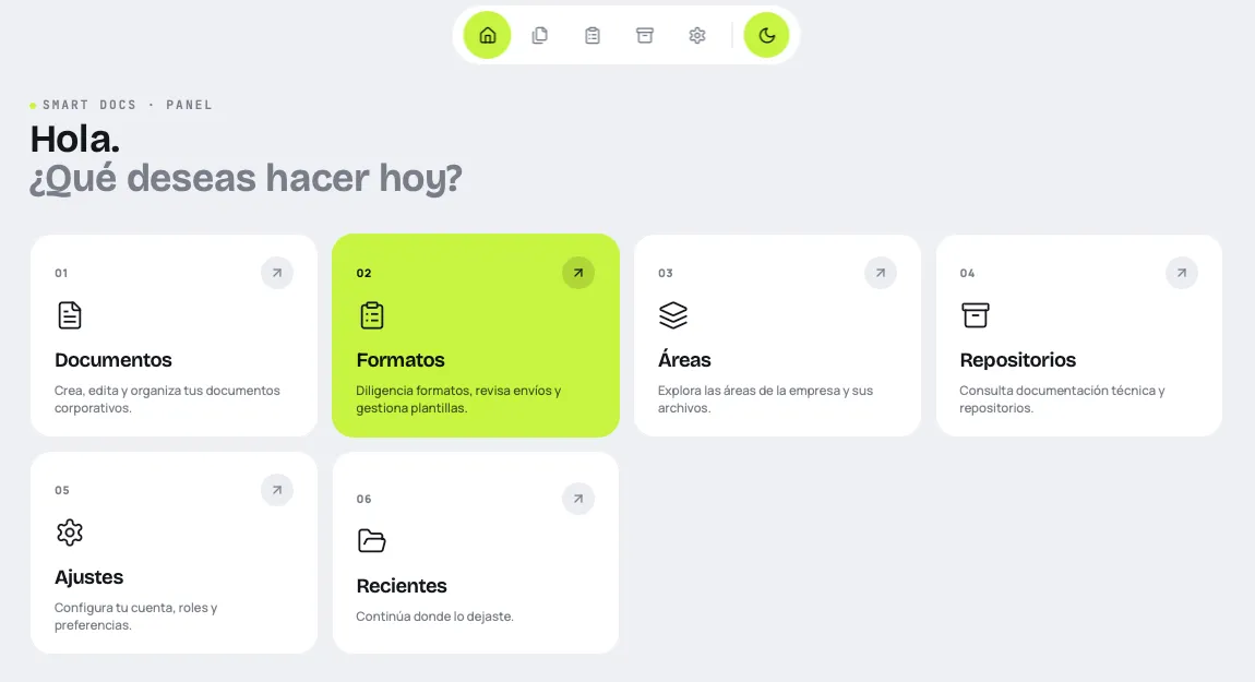 Panel de SmartDocs con accesos a documentos, formatos, áreas, repositorios, ajustes y recientes